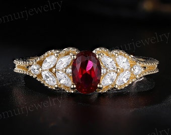 Vintage Rubin Verlobungsring Roségold Ovalschliff Ring Marquiseschliff Diamant Moissanit Ring einzigartige Verlobungsring