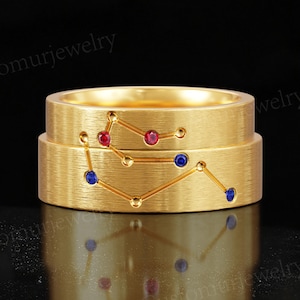 Zodiac Couple Bands with Lab Ruby/Sapphire, 10K Gold Matching Constellation Ring, Custom Star Sign Ring, His and Her Band, Anniversary Gifts