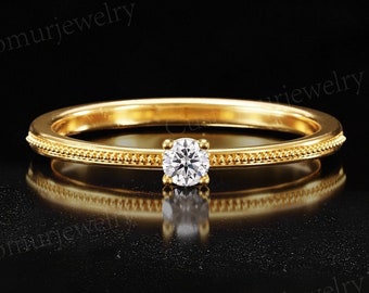 Minimalist diamond engagement ring yellow gold vintage prong set simple ring bridal wedding milgrain unique delicate anniversary bridal ring