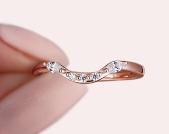 Banda de boda curvada de plata esterlina Vintage Moissanite/CZ Banda ancha apilable oro rosa Banda de boda marquesa única delicado anillo nupcial