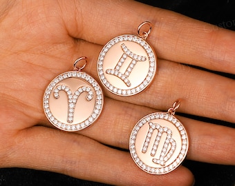 Zodiac Pendant Necklace 925 Silver Horoscope Necklace Rose Gold Plated Modern Halo Disk Engravable Pendant Special Memorial Gift for her