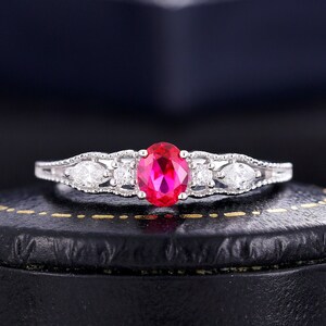 Vintage ruby engagement ring white gold ring diamond moissanite ring oval cut antique unique art deco milgrain anniversary bridal ring