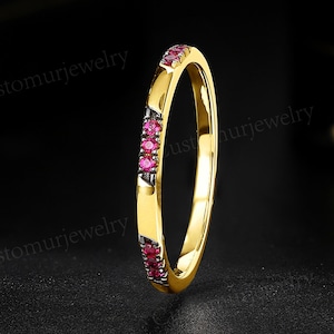 Dainty Lab Ruby Wedding Ring, 10K Solid Gold Ring, Delicate Stackable Matching Band, Minimalist Ruby Ring, Elegant Thin Band, Gifts for Her