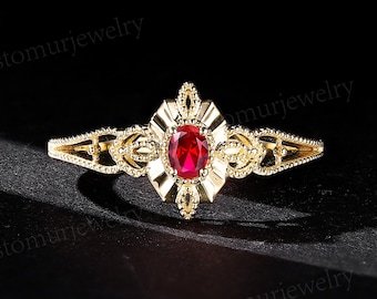 Vintage Solitaire Lab Rubin Verlobungsring, Antiker Gelbgold Ehering, Einzigartige Perle Milgrain Brautring, Versprechen Ringe für Frauen