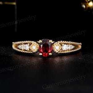 Retro Oval Lab Ruby Ring, Sterling Silver Milgrain Ring with Moissanite / Diamond, Handmade Custom 10K 14K 18K Ring, Promise Rins for Women