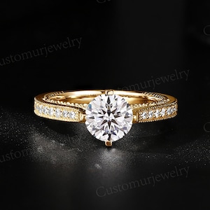 Vintage Moissanite Wedding Ring, 10K Yellow Gold Filigree Ring, Cathedral Antique Promise Engagement Ring with Pave Band - CustomUrJewelry