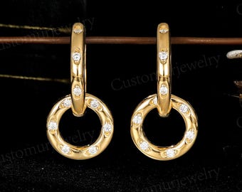 Modern Double Circle Hoop Earrings, Moissanite Earrings, Handmade Yellow Gold Earrings, Custom Birthstone Hoop Earrings, Gifts for Her