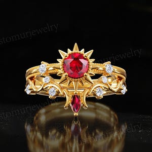 Vintage Celestial Ruby Engagement Ring Set, Sun and Moon Bridal Set, Unique Curved Wedding Band, Handmade Gold Ring, Promise Ring for Women