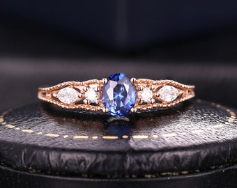 Vintage sapphire engagement ring, rose gold diamond/Moissanite ring oval cut milgrain antique ring unique bridal promise anniversary ring