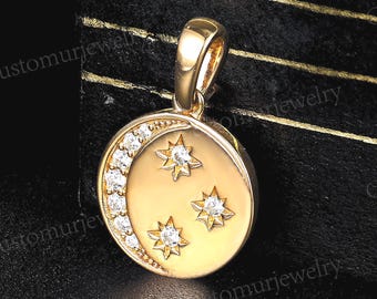 Celestial Moon & Star Pendant, Moissanite Pendant, Handmade 10K Gold Pendant Necklace, Free Silver Chain Necklace, Anniversary Gifts for Her
