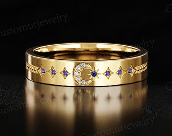 Stars Linked to a Crescent Moon Couple Ring with Moissanite and Sapphire - Silver Wedding Band - Anniversary Gifts