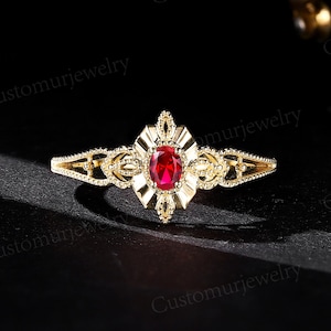 Vintage Lab Ruby Engagement Ring - Yellow Gold Bead Milgrain Band - Promise Bridal Wedding Ring