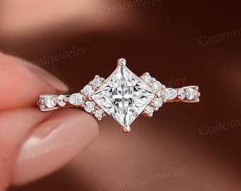 Vintage Princess cut Moissanite Engagement Ring Rose Gold Plated 925 Sterling Silver Ring Unique Cluster Marquise Cubic Zirconia Bridal Ring