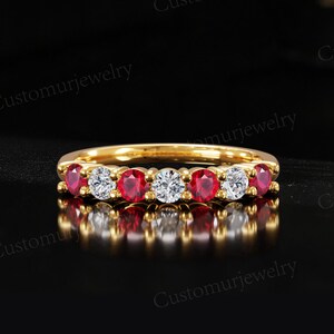 Round Lab Ruby with Moissanite Wedding Band, Daily Wear Silver Band, Precious Gemstone Wedding Band, Custom Women's Band, Seven Stone Band