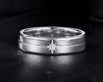 Four Eight-Pointed Stars Wedding Band, Silver Cosmic Galaxy Ring, Moissanite Couple's Rings, His and Hers Rings