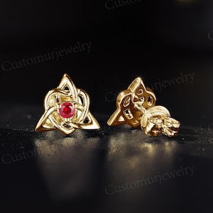 Celtic Trinity Knot Ruby Earring Studs, Handmade Silver Studs, Irish Triquetra Studs, Traditional Celtic Jewelry, July Birthstone Gift