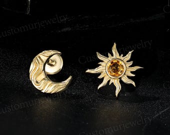 Sun & Moon Stud Earrings: Asymmetrical Design Solid Gold Earrings, November Birthstone Citrine Anniversary Gift