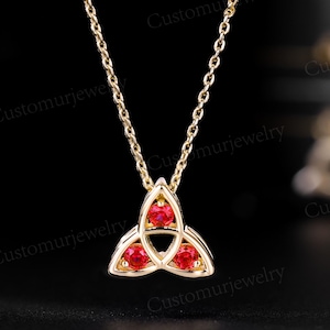 Celtic Trinity Necklace with Lab Ruby, Irish Triquetra Pendant, Three Stone Celtic Knot Jewelry, Custom Birthstone Gift, 10K Gold Necklace