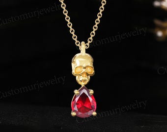 Skull Pendant with Ruby - Gold Plated Necklace - Dainty Gothic Skeleton Jewelry for Women - Christmas Gift for Her