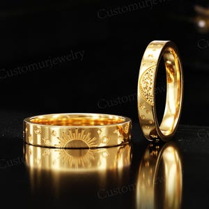 Celestial Sun & Moon Couple Bands, Gold Matching Promise Ring, Engraved Star Wedding Band Set, Galaxy Wedding Band, Custom His and Her Band