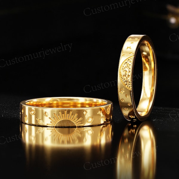 Anillos de pareja Sol y Luna Celestiales, Anillo de promesa a juego de oro, Conjunto de alianzas de boda con estrella grabada, Alianza de boda Galaxia, Alianza personalizada para él y para ella