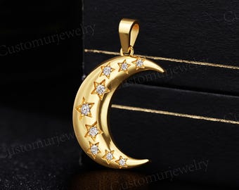 Moon and Star Integrated Pendant with Moissanite, Crafted in Sterling Silver, Anniversary Gifts for Her