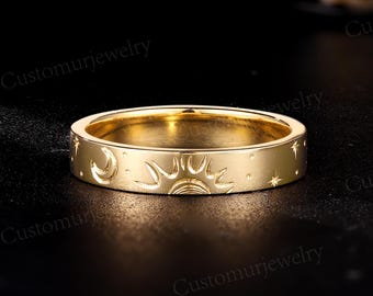 Hand-Carved Celestial Themed Wedding Band: Sun Moon and Star Band, Solid Gold Engraved Promise Ring