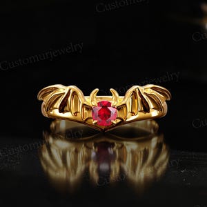 Lab Ruby Bat Ring, Gothic Winged Statement Ring, 10K Yellow Gold Ring, Alternative Fashion Ring,Women's Red Stone Ring,Unique Halloween Gift