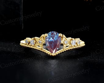 Alexandrite Engagement Ring, Curved Yellow Gold Wedding Ring Cluster Star, Moissanite Bridal Ring