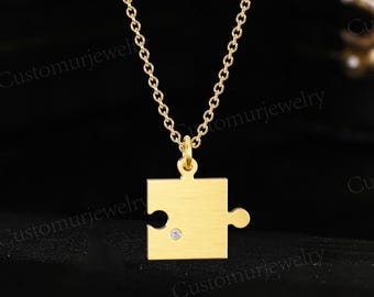 Puzzle Piece Moissanite Pendant, 14K Gold Friendship Necklace, Custom Birthstone Necklace, Best Friend Gift for Her