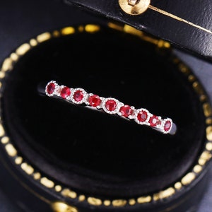 Vintage Ruby Wedding Band, 14K Solid White Gold Half Eternity Wedding Band, Stacking Matching Woman Bridal Ring, Anniversary Promise Ring