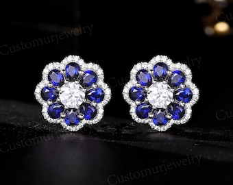 Pendientes únicos de zafiro con moissanita en forma de flor, pasador de oro macizo de 14 quilates sin rosca, pendientes de piedras preciosas para mujer, regalos de boda para ella.