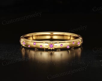 Pink Sapphire Wedding Band - Gold Star Ring - Personalized Anniversary Gift for Her
