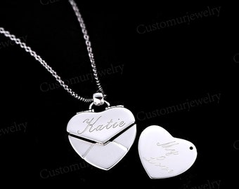 Engraved Secret Message Envelope Necklace | Heart Locket Pendant Mama&#39;s Necklace | Delicate Sterling Silver Pendant I LOVE YOU Gifts for Her