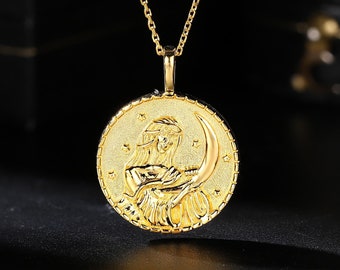 Elegant Moon Goddess Pendant Necklace, Engraved Coin Pendant, Custom Bar Mitzvah Gifts for Her