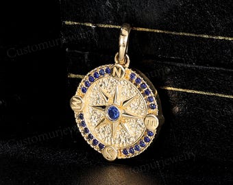 Compass Pendant with Lab Sapphire, 10K Gold Nautical Necklace, Blue Stone Adventure Compass Charm, Travel Jewelry Gift - CustomUrJewelry