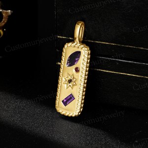 10K Gold Rope Border Initial Pendant, Vintage Acrostic Necklace with Amethyst Citrine Garnet, Secret Message Necklace, Custom Gifts for Her