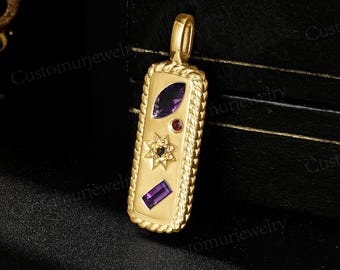 Colgante con inicial y borde de cuerda de oro de 10 quilates, collar acróstico vintage con amatista, citrino y granate, collar con mensaje secreto, regalos personalizados para ella.