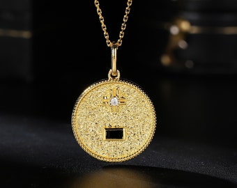 Vintage Black Onyx Pendant, Religious Cross with Moissanite, Gold Coin Pendant Necklace, Baptism Gifts