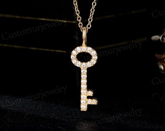 Moissanite Key Pendant, Key To My Heart Promise Anniversary Necklace, Sterling Silver Birthday Gift for Her