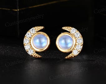 Moonstone Crescent Earrings - Moissanite Gold Studs - Celestial Anniversary Gift for Her