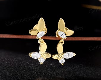 Nature Inspired Butterfly Moissanite Dangle Earrings - Sterling Silver Stud Earrings - Custom Birthday Gifts For Her