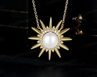 Freshwater Pearl Necklace - Moissanite Sunburst Pendant - June Birthday Gift for Her