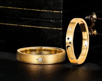 Engraving Moon and Star Couple Ring, Brushed Sterling Silver Ring, Custom His and Hers Wedding Bands