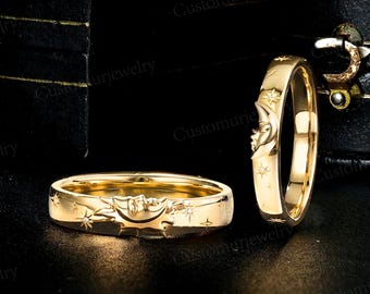 Sun and Moon Goddess Couples Ring Set, Handmade Sterling Silver, Custom His and Hers Wedding Bands