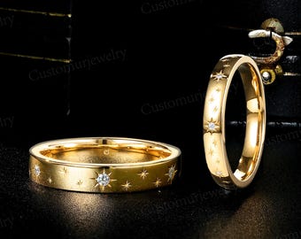 Engraved Star Wedding Band Set, Galaxy Women's and Men's Wedding Band, Custom His and Her Couple Rings