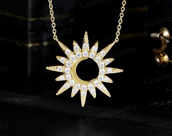 Sun and Moon Gold Plated Necklace - Moissanite Celestial Pendant - Anniversary Gift for Her