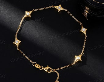 Sierlijke sterarmband met moissaniet, 10K massief gouden Handmede-kettingarmband, custom Celestial-armband, Valentijnsdagcadeaus voor haar