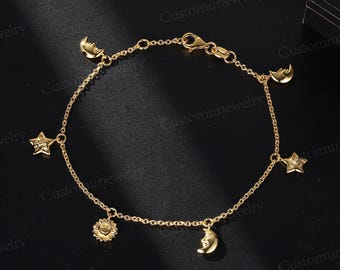 Gold Celestial Charm Bracelet with Sun, Moon, and Star - Cosmic Themed Jewelry - Dainty Everyday Bracelet - Gifts for Her