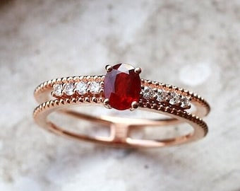 Ruby Double Shank Ring Side Stone Moissanite & CZ Ring Light Retro Milgrain ring Handmade Custom Gold Ring Engagement Ring Promise Gifts